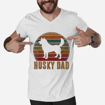 Retro Husky Dad Gift Dog Owner Pet Siberian Huskies Father Men V-Neck Tshirt - Seseable