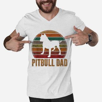 Retro Pitbull Dad Gift Dog Lover Pet Daddy Pit Bull Father Men V-Neck Tshirt - Seseable