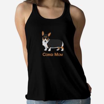 Black Tricolor Cute Pembroke Corgi Mom Dog Lover Ladies Flowy Tank - Seseable