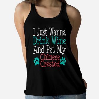 Chinese Crested Dog Mom Dad Funny Wine Lover Gift Ladies Flowy Tank - Seseable