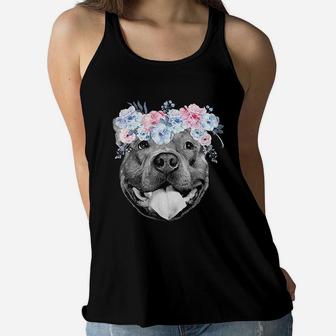 Cute Pitbull Face Floral Watercolor Flower Pittie Mom Ladies Flowy Tank - Seseable