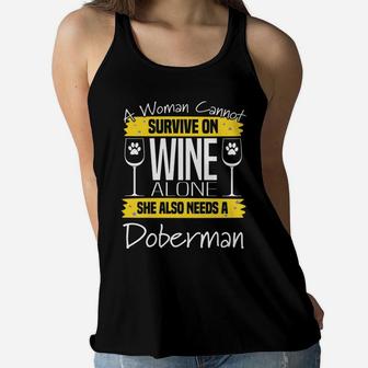 Doberman And Wine Funny Gift For Dobie Dog Moms Ladies Flowy Tank - Seseable