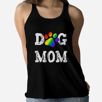 Dog Mom Dog Lover Rainbow Puppy Paw Ladies Flowy Tank - Seseable