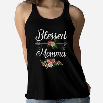 Flower Blessed Momma Black Ladies Flowy Tank - Seseable
