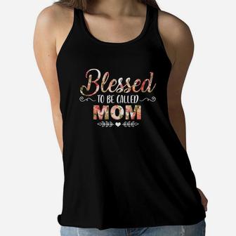 Flower Blessed To Be Called Mom Black Ladies Flowy Tank - Seseable