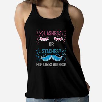 Gender Reveal Staches Or Lashes Mom Loves You Ladies Flowy Tank - Seseable