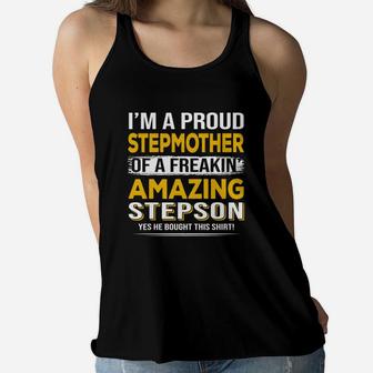 I Am A Peoud Stepmother Of A Freakin Amazing Stepson Ladies Flowy Tank - Seseable