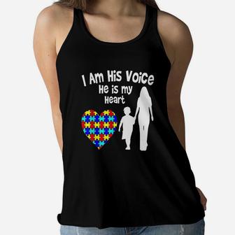 I Am His Voice He Is My Heart Awareness Mom Ladies Flowy Tank - Seseable