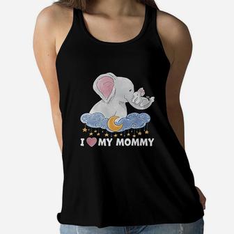 I Love My Mommy Cute Elephants With Moon And Stars Ladies Flowy Tank - Seseable