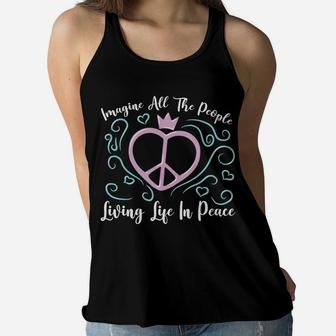Imagine All The People Living Life In Peace Hippie Peace Heart Crown Women Flowy Tank - Seseable