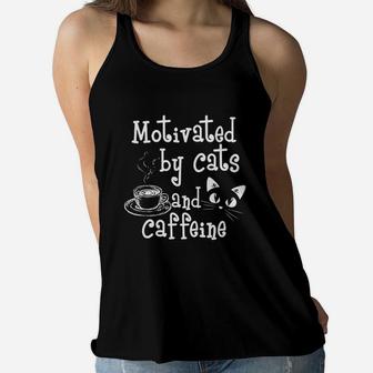 Motivated By Cats And Caffeine Funny Cat Mom Ladies Flowy Tank - Seseable