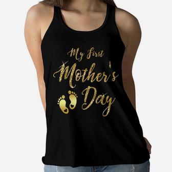 My First Mothers Day 2022 Gold Glitter Mothers Day Ladies Flowy Tank - Seseable