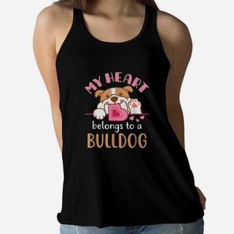 My Heart Belongs To A Bulldog Mom French English Dog Lover Ladies Flowy Tank - Seseable