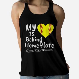 My Heart Is Behind Home Plate Softball Proud Mom Dad Gift Ladies Flowy Tank - Seseable