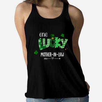One Lucky Mother-in-law Shamrock Leopard Green Plaid St Patrick Day Family Gift Ladies Flowy Tank - Seseable