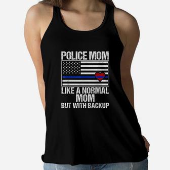 Police Mom Blue Line Flag Heart Ladies Flowy Tank - Seseable