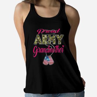 Proud Army Grandmother Gift Us Flag Dog Tag Military Grandma Ladies Flowy Tank - Seseable