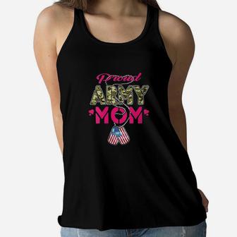 Proud Army Mom Camo Us Flag Dog Tags Ladies Flowy Tank - Seseable