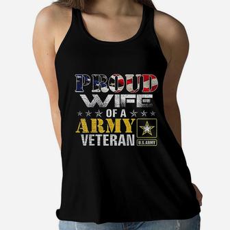Proud Wife Of A Army Veteran American Flag Military Gift Ladies Flowy Tank - Seseable