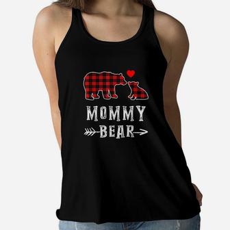 Red Plaid Mommy Bear One Cub Matching Buffalo Ladies Flowy Tank - Seseable