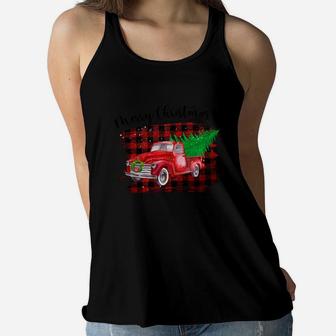 Red Truck Merry Christmas Holiday Christmas Tree Red And White Plaid Women Flowy Tank - Seseable