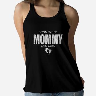 Soon To Be Mommy 2021 And Promoted To Mom Baby Announcement Ladies Flowy Tank - Seseable