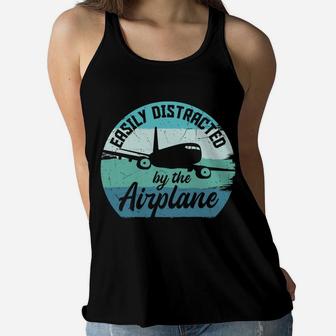 Vintage Easily Distract By The Airplane Pilot Job Women Flowy Tank - Seseable