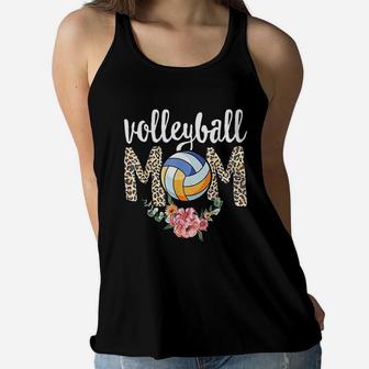 Volleyball Mom Leopard Floral Mothers Day Player Son Ladies Flowy Tank - Seseable