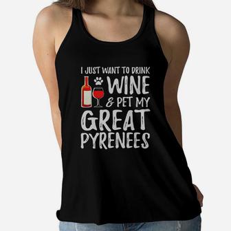 Wine And Great Pyrenees T-shirt For Great Pyrenees Dog Mom Black Women Ladies Flowy Tank - Seseable
