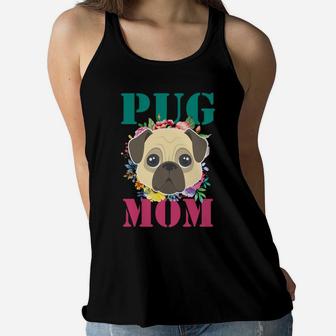 Womens Floral Pug Mom Puppy Pet Lover Ladies Flowy Tank - Seseable