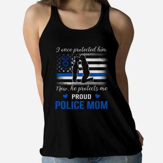 Womens Proud Police Mom Thin Blue Line American Flag Shirts Ladies Flowy Tank - Seseable