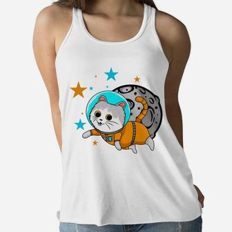 A Cute Cat Astronaut Flying In Space Cartoon Gift Women Flowy Tank - Seseable