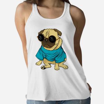 Cartoon Cool Pug Dog Wearing Sunglasses Cute Dog Pet Women Flowy Tank - Seseable