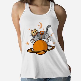 Cat Astronaut Flying In Space Cartoon Idea Pet Gift Women Flowy Tank - Seseable