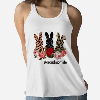 Cute Bunny Flowers Grandmom Life Happy Easter Sunday Floral Leopard Plaid Women Gift Ladies Flowy Tank - Seseable