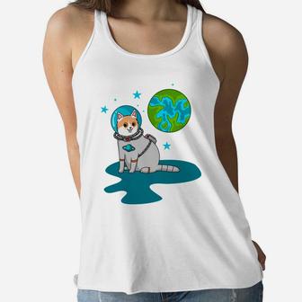 Green Earth Cat Astronaut Cartoon Pet Gift For Pet Lovers Women Flowy Tank - Seseable