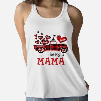 I Love Being A Mama Red Plaid Truck Heart Ladies Flowy Tank - Seseable