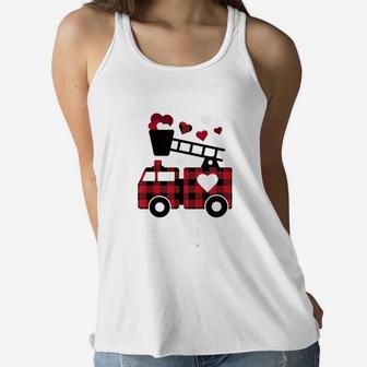 Kids Fire Truck Buffalo Plaid Valentines Day Mom Dad Son Ladies Flowy Tank - Seseable