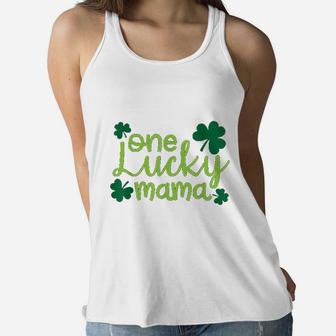 One Lucky Mama Cute St Pattys Day Four Leaf Clover Ladies Flowy Tank - Seseable