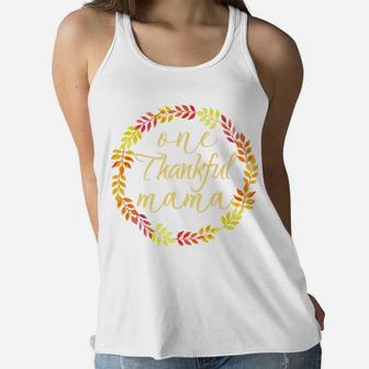 One Thankful Mama With Fall Leaves Wreath Ladies Flowy Tank - Seseable