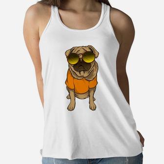 Pug Dog Wearing Sunglasses Cartoon Pet And Pet Lovers Women Flowy Tank - Seseable