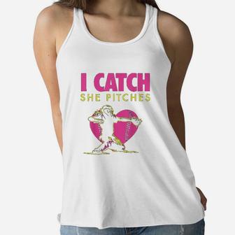 Softball Dad Mom I Catch She Pitches Ladies Flowy Tank - Seseable