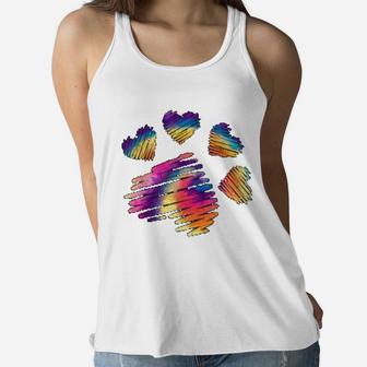 Tie Dye Heart Dog Paws Print Puppy Lover Dog Mom Ladies Flowy Tank - Seseable