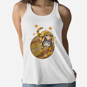 Yellow Cartoon Cat Astronaut Flying In Space Pet Gift Women Flowy Tank - Seseable