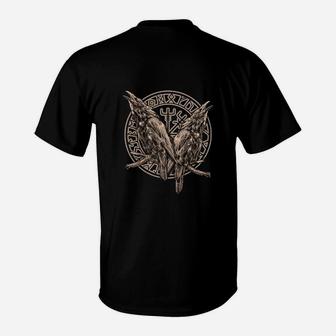 Nordisches Raben-Print T-Shirt Unisex in Schwarz, Viking-Themen Tee - Seseable