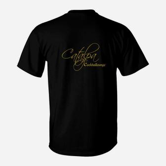 Schwarzes T-Shirt mit goldener Schrift Verzierung, Elegante Mode - Seseable