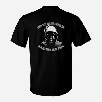 Schwarzes T-Shirt mit Helm-Motiv - Wo du rausrennst, da renne ich rein - Seseable
