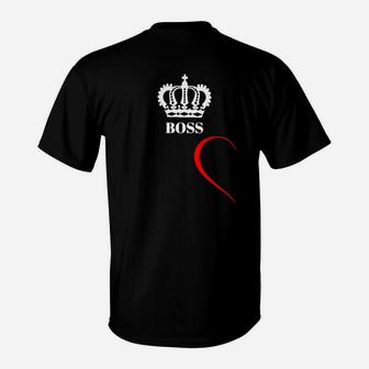 Schwarzes T-Shirt mit Kronen-Boss-Aufdruck und rotem Akzent, Stilvolles Herrenshirt - Seseable