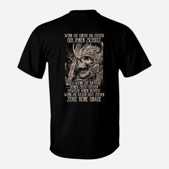Schwarzes Totenkopf Krieger T-Shirt mit Spruch, Mutiges Krieger-Design - Seseable