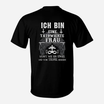 Tätowierte Frau T-Shirt, Engel & Teufel Spruch Schwarz - Seseable